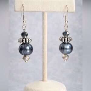 Sterling Silver Bead Earrings w Baroque Grey Pearl and Pewter Beads Handcrafted